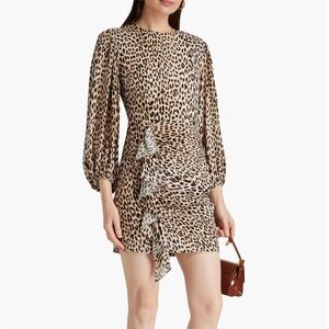 Maje Clair Leopard Print Ruffle Mini Dress Long Sleeve Animal Print Crepe XS NWT